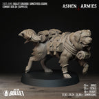 Ashen Armies Sanctified Legion Combat Dogs resin miniatures. Dog with backpack, camping bed roll and wooden barrel.