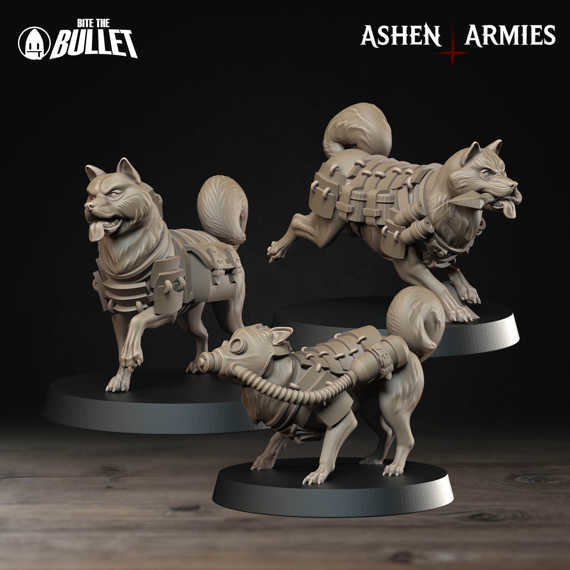 Three Ashen Armies Holy Shogunate Combat Dog resin miniatures in a variety of poses. Plain background.