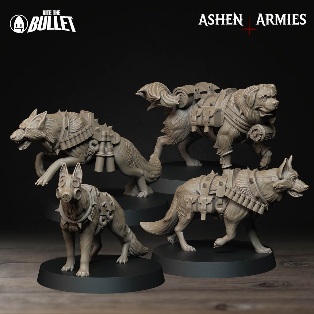 Ashen Armies Sanctified Legion Combat Dogs resin miniature. Four dogs in pack.