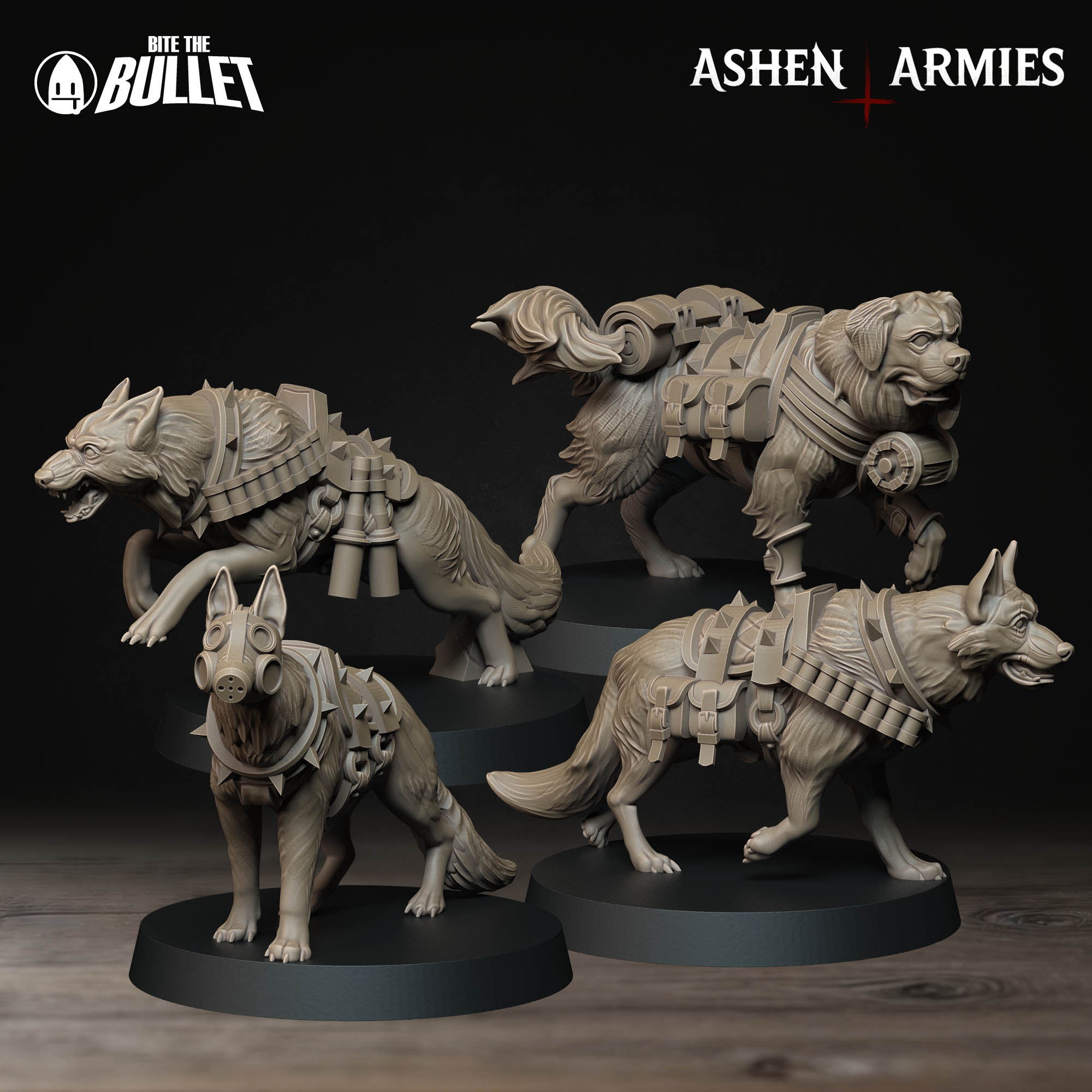 Ashen Armies Sanctified Legion Combat Dogs resin miniature. Four dogs in pack.