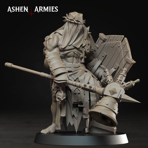 Ashen Armies Bleeding Procession Communicant resin miniature with bell mace, shield and crown of thorns. Plain background.