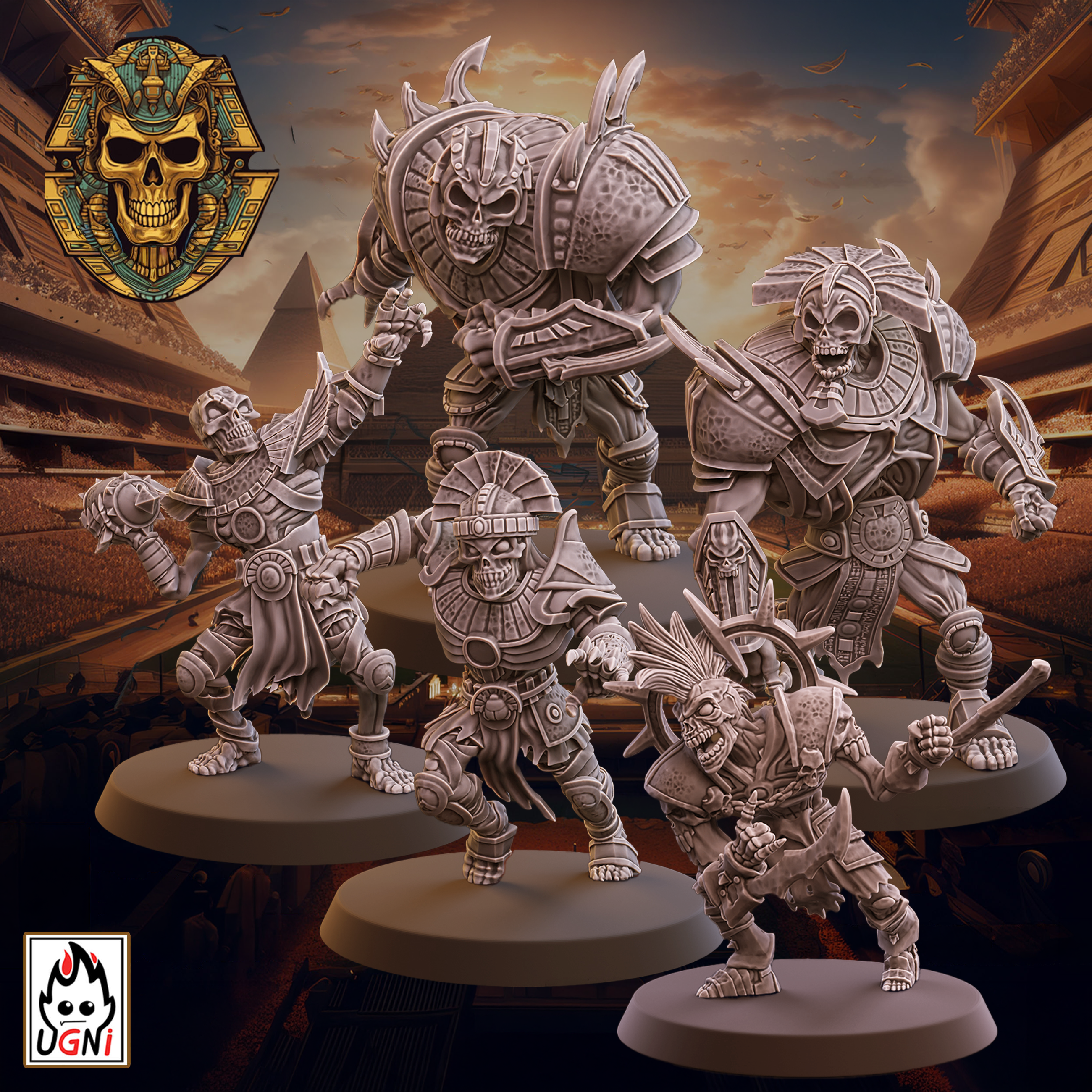 All five  UGNI Miniatures Crypt Guards resin miniatures in different poses.