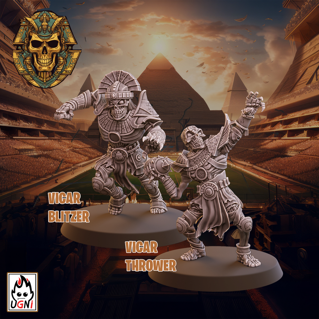 Two UGNI Miniatures Crypt Guards resin miniatures with heavy armour and heavy armour in ball throwing and running poses.