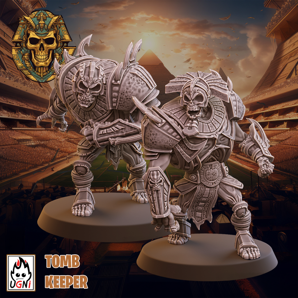 Two UGNI Miniatures Crypt Guards resin miniatures with heavy armour and heavy armour in walking poses.