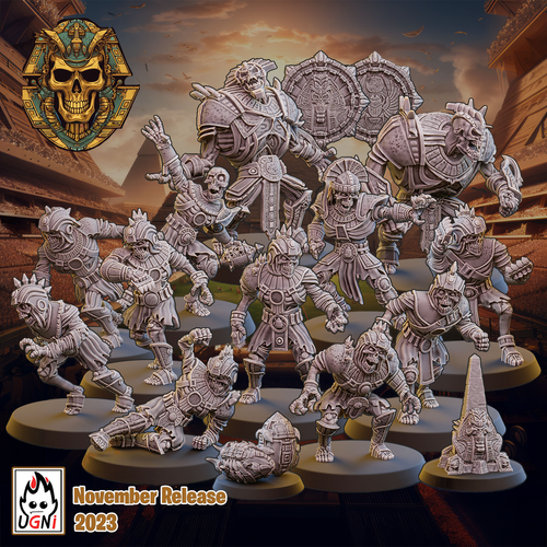 Twelve UGNI Miniatures Crypt Guards resin miniatures with heavy armour. Two balls, a team token and a coin.