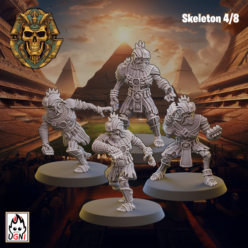 Four UGNI Miniatures Crypt Guards resin miniatures. Skeletons in heavy armour and fighting poses.