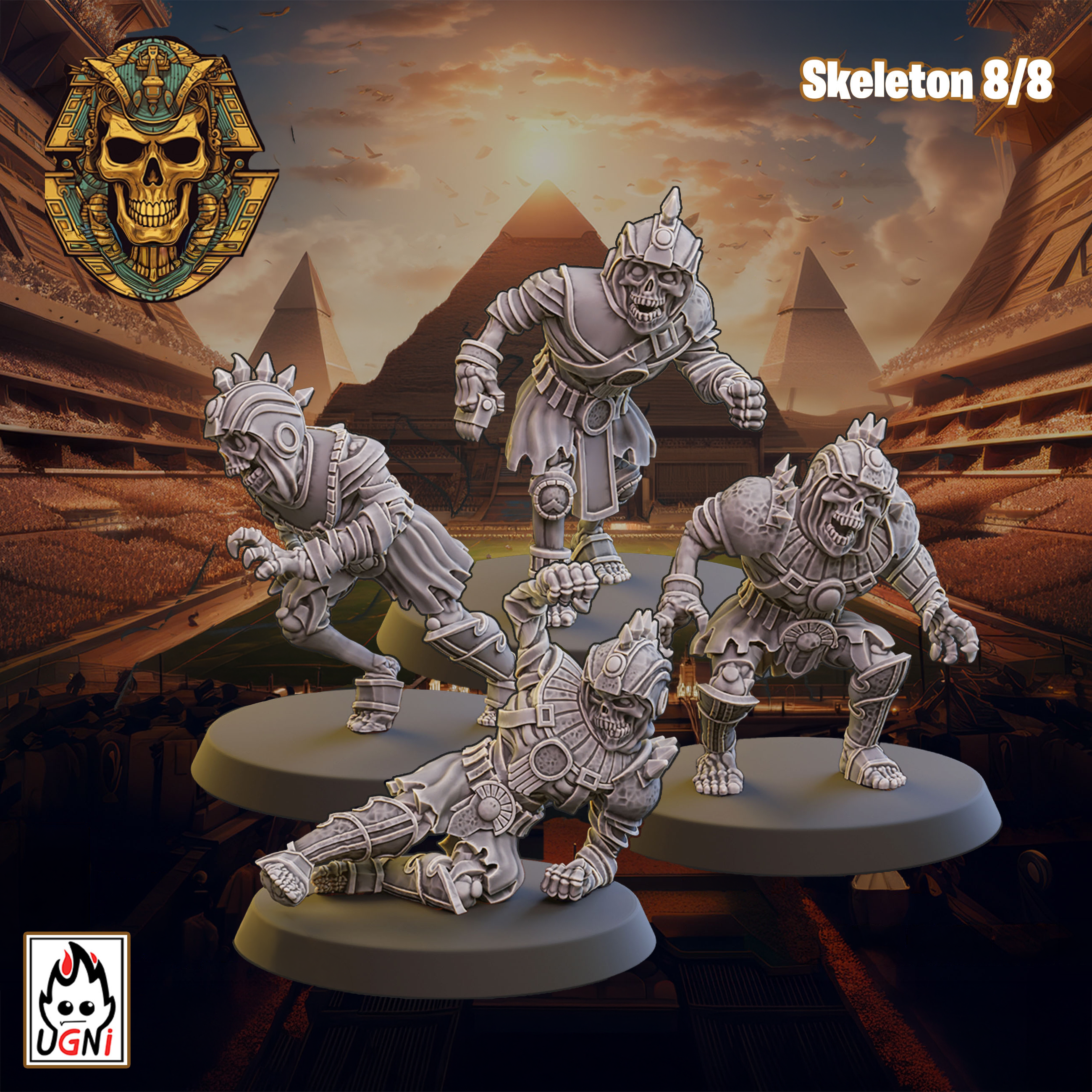 Four UGNI Miniatures Crypt Guards resin miniatures. Skeletons in heavy armour and running poses.