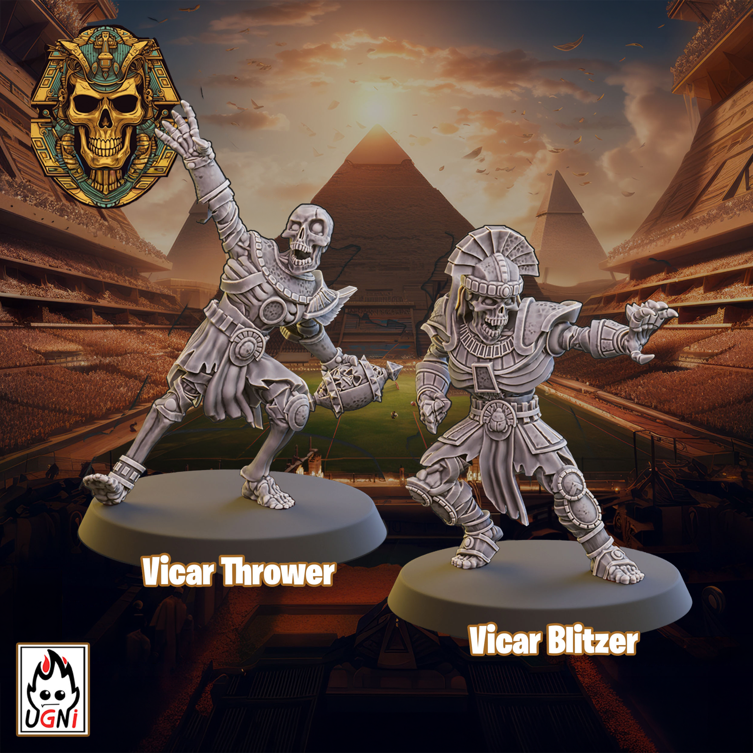 Two UGNI Miniatures Crypt Guards resin miniatures. Skeletons in heavy armour, throwing the ball and blocking.