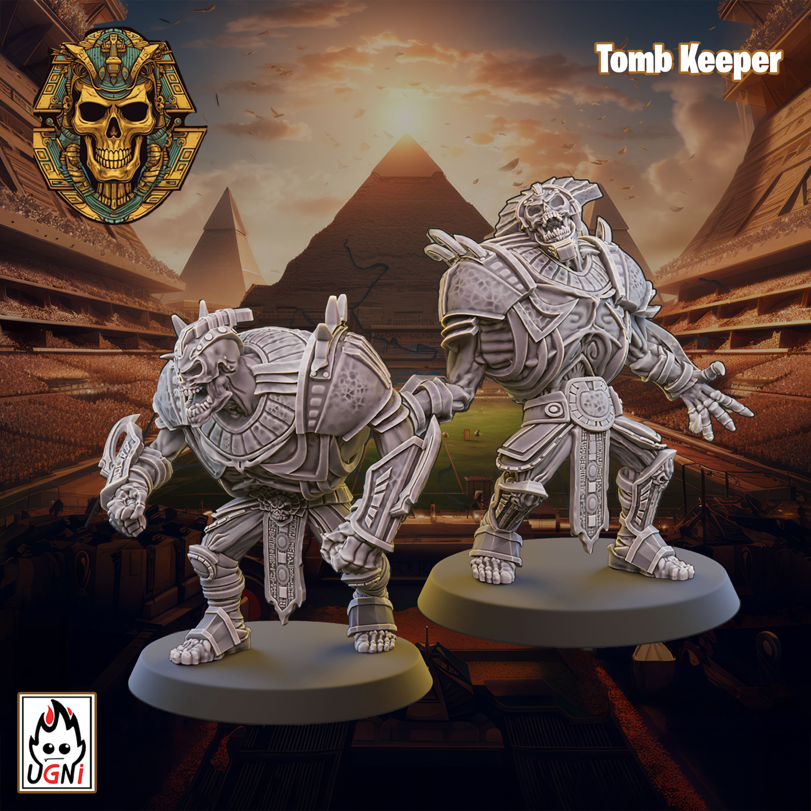 Two UGNI Miniatures Crypt Guards resin miniatures. Large skeletons in heavy armour.