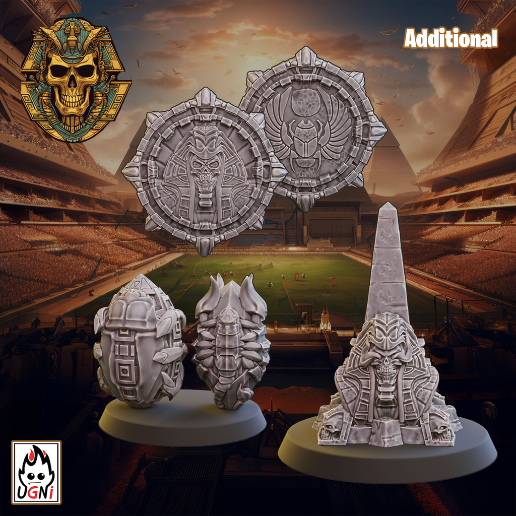 UGNI Miniatures Crypt Guards resin miniatures showing pyramid sphinx team token, two balls, and a re-roll coin.