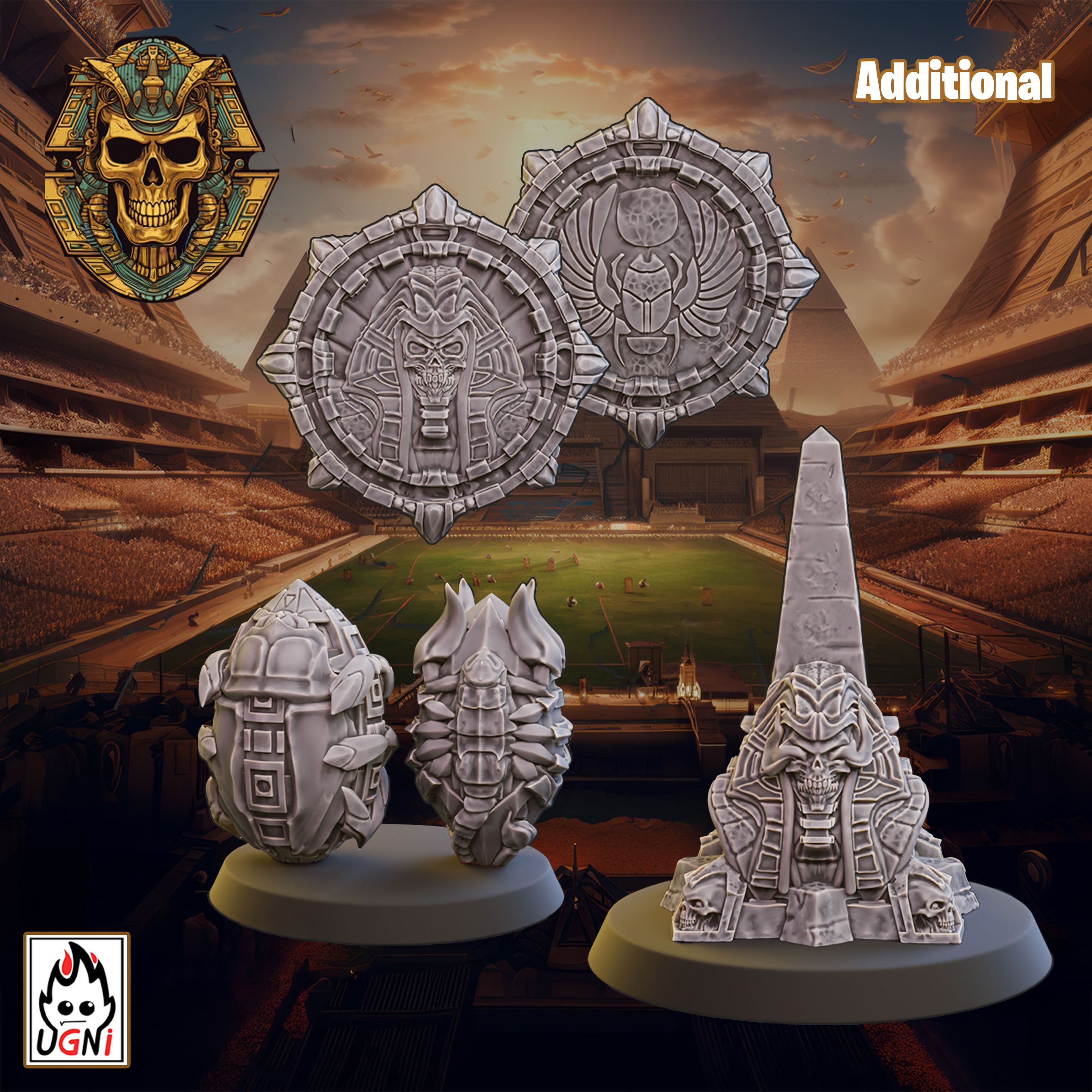 UGNI Miniatures Crypt Guards resin miniatures showing pyramid sphinx team token, two balls, and a re-roll coin.