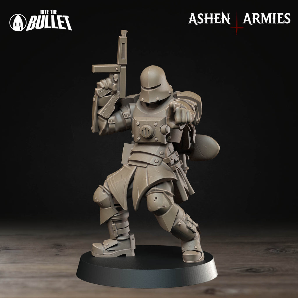 Ashen Armies Sanctified Legion Combat Engineer resin miniature with sub-machinegun. Facing forward and pointing.