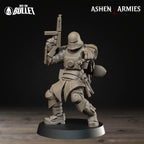 Ashen Armies Sanctified Legion Combat Engineer resin miniature with sub-machinegun. Facing forward and pointing.