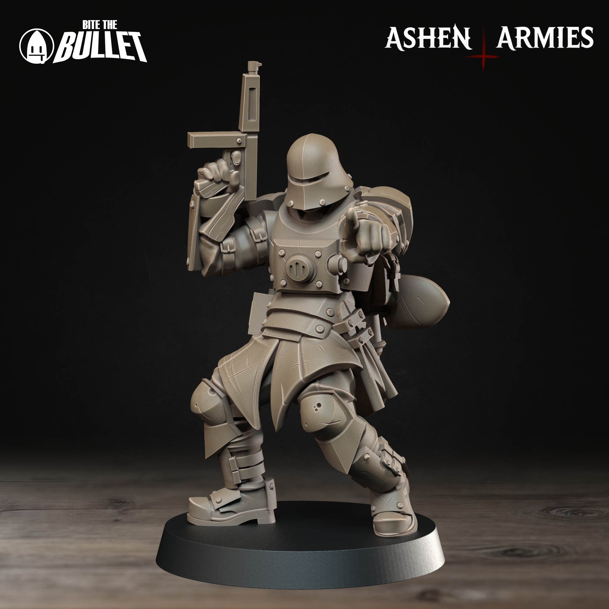Ashen Armies Sanctified Legion Combat Engineer resin miniature with sub-machinegun. Facing forward and pointing.