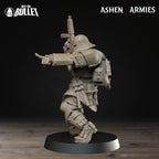 Ashen Armies Sanctified Legion Combat Engineer resin miniature. Wearing a helmet. Side view, plain background.