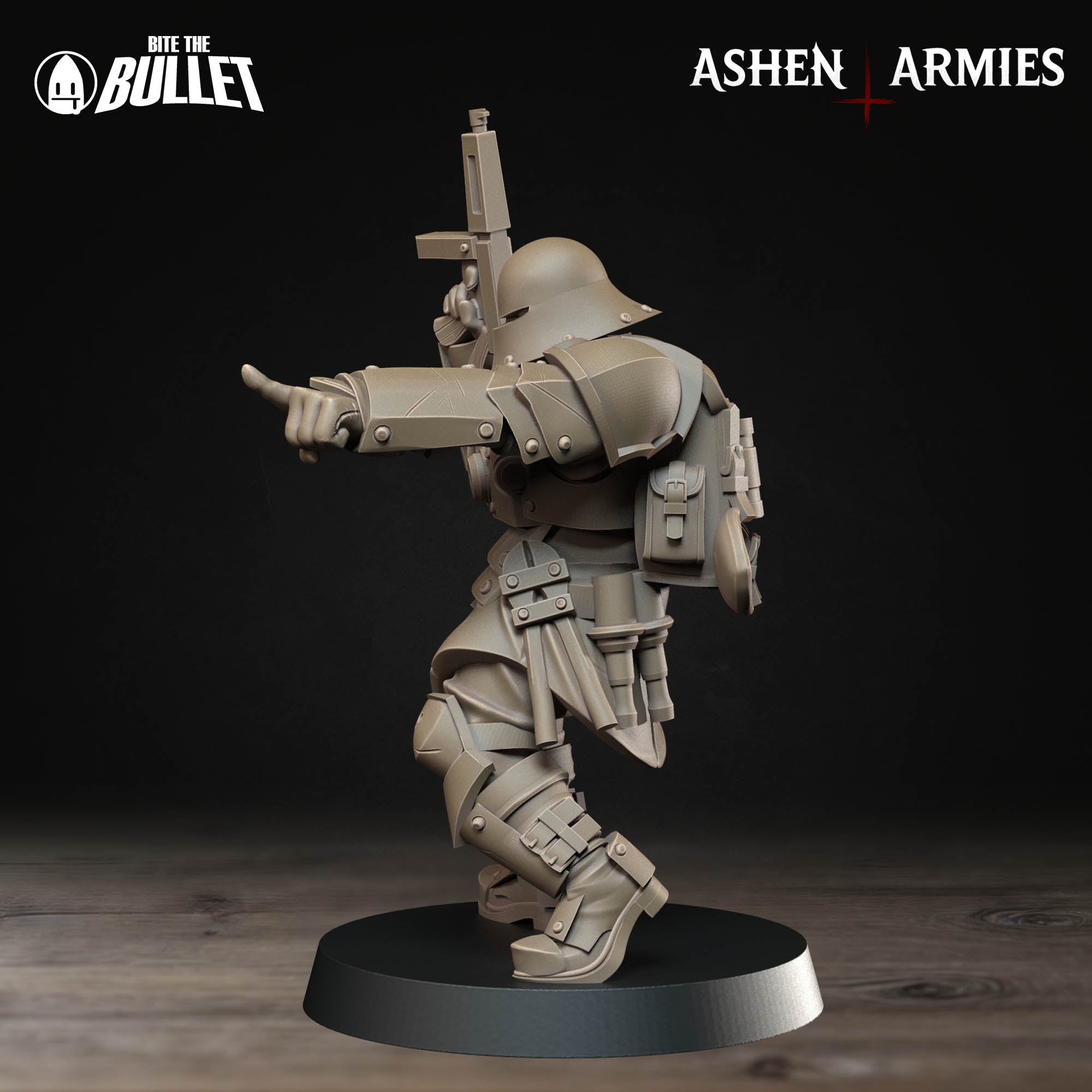 Ashen Armies Sanctified Legion Combat Engineer resin miniature. Wearing a helmet. Side view, plain background.