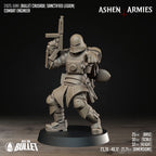 Ashen Armies Sanctified Legion Combat Engineer resin miniature. Wearing a helmet. Front view, plain background.
