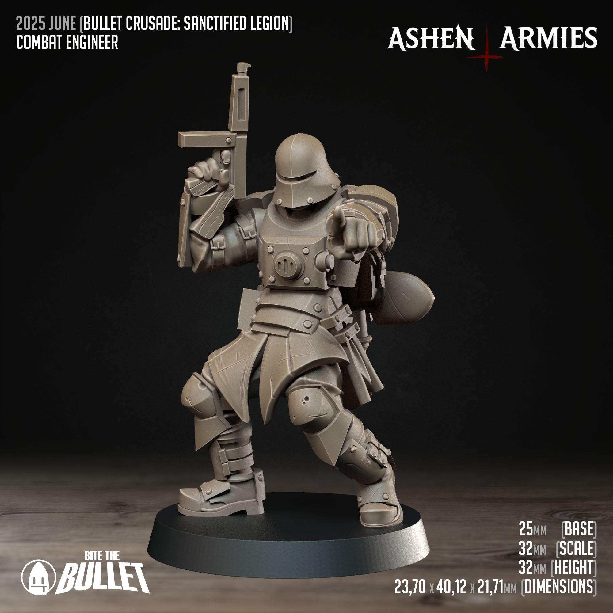 Ashen Armies Sanctified Legion Combat Engineer resin miniature. Wearing a helmet. Front view, plain background.