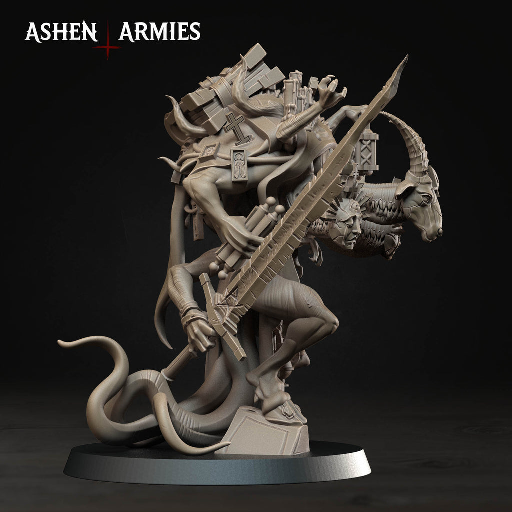 Ashen Armies Hellbound Apostasy Scripture Guardian resin miniature. Right view showing sword and arm holding scrolls on plain background.