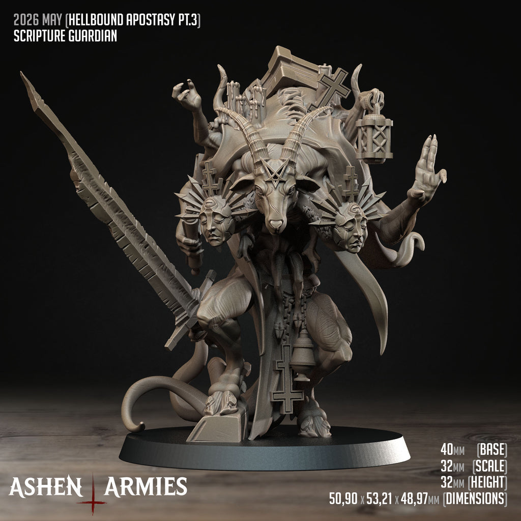 Ashen Armies Hellbound Apostasy Scripture Guardian resin miniature. Front view showing goat head and stats.