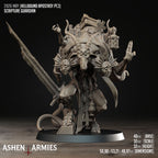 Ashen Armies Hellbound Apostasy Scripture Guardian resin miniature. Front view showing goat head and stats.
