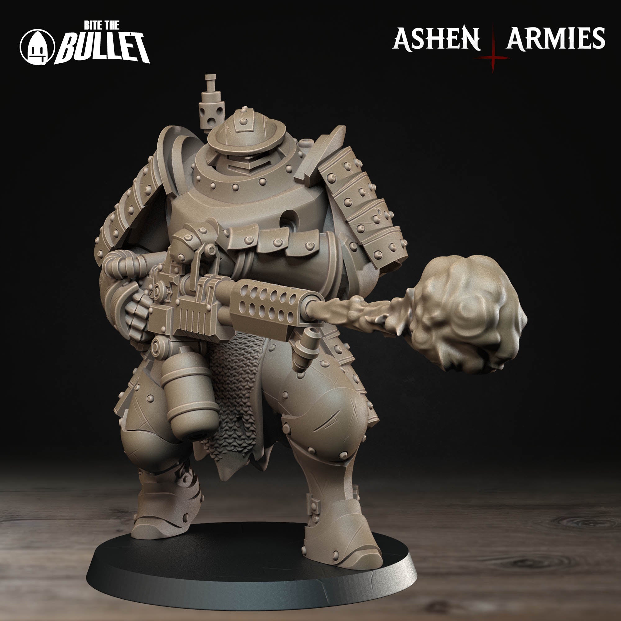 Ashen Armies Holy Shogunate Heavy Infantry (Flamethrower) resin miniature. Front view plain background. 