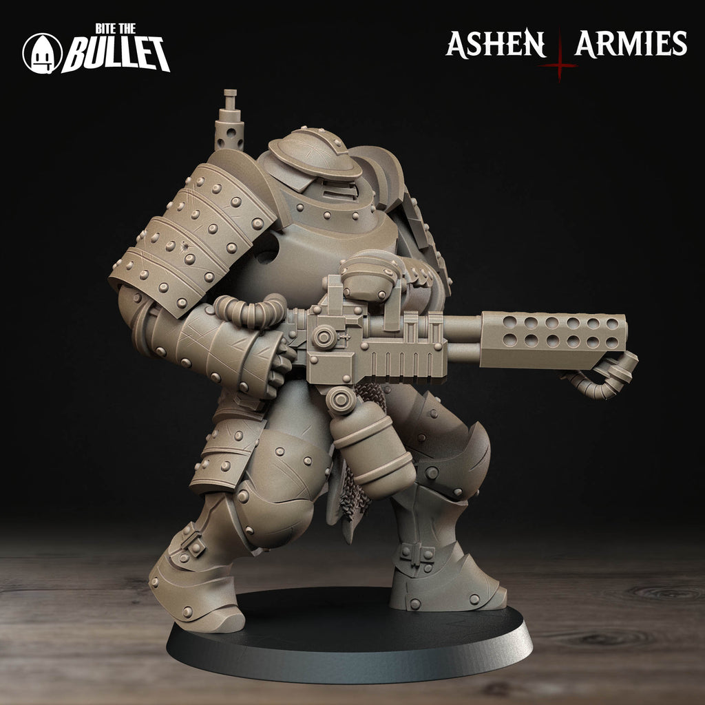 Ashen Armies Holy Shogunate Heavy Infantry (Flamethrower) resin miniature. Right view plain background. Shown without flames.