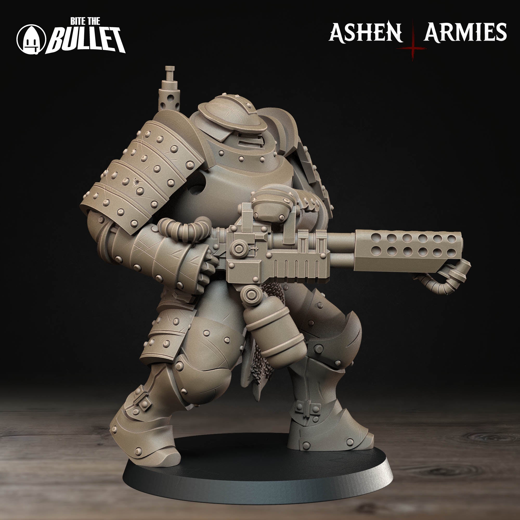 Ashen Armies Holy Shogunate Heavy Infantry (Flamethrower) resin miniature. Right view plain background. Shown without flames.