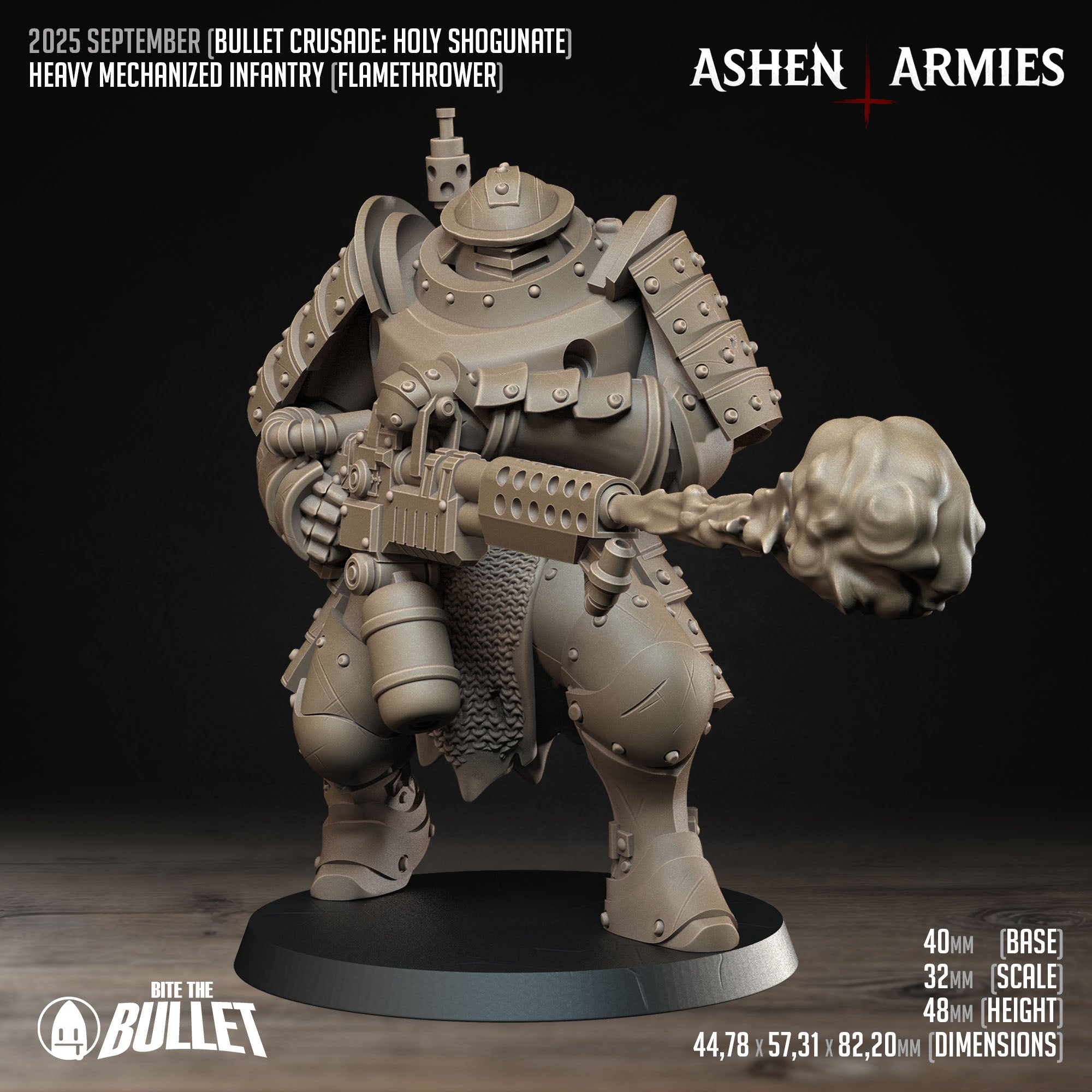 Ashen Armies Holy Shogunate Heavy Infantry (Flamethrower) resin miniature. Front view plain background. Showing scale.