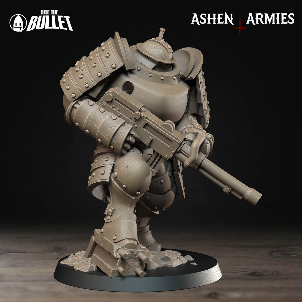 Ashen Armies Holy Shogunate Heavy Infantry (Shotgun) resin miniature. Front view plain background.