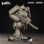 Ashen Armies Holy Shogunate Heavy Infantry (Shotgun) resin miniature. Front view plain background.
