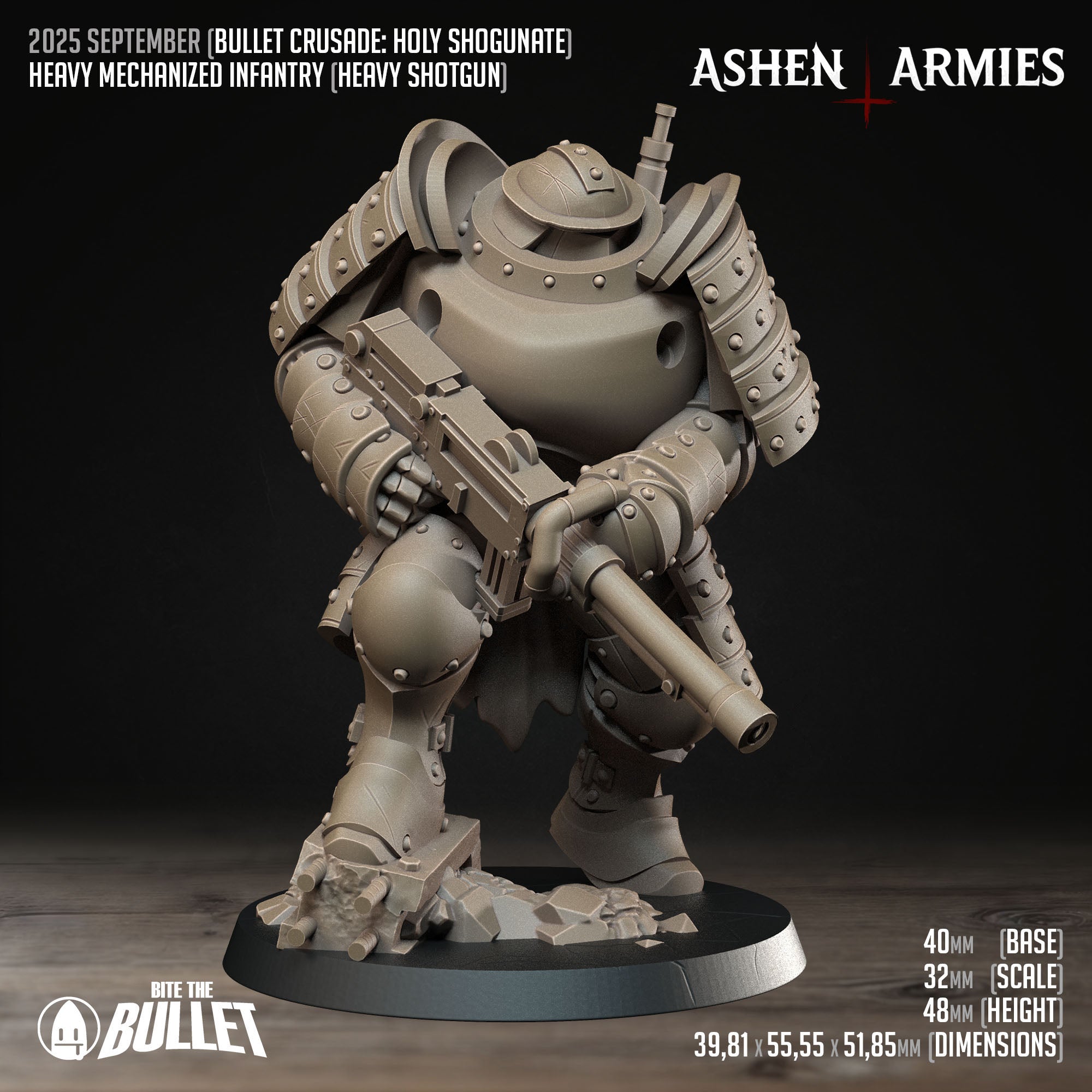 Ashen Armies Holy Shogunate Heavy Infantry (Shotgun) resin miniature. Front view plain background. Showing scale.