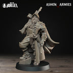 Ashen Armies Sanctified Legion Lieutenant resin miniature. Raised leg resting on rock. Plain background.