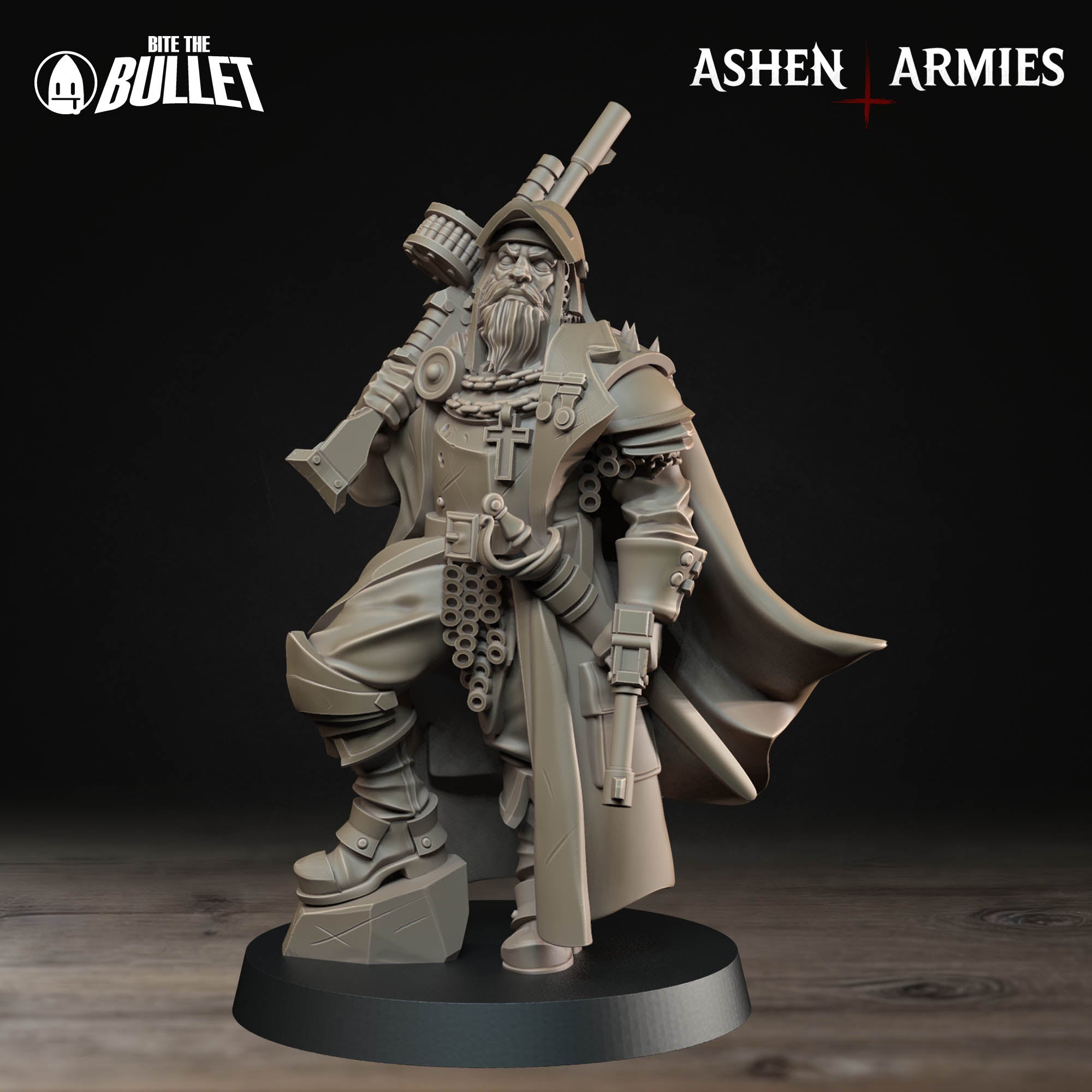 Ashen Armies Sanctified Legion Lieutenant resin miniature with rifle over shoulder. Facing front.