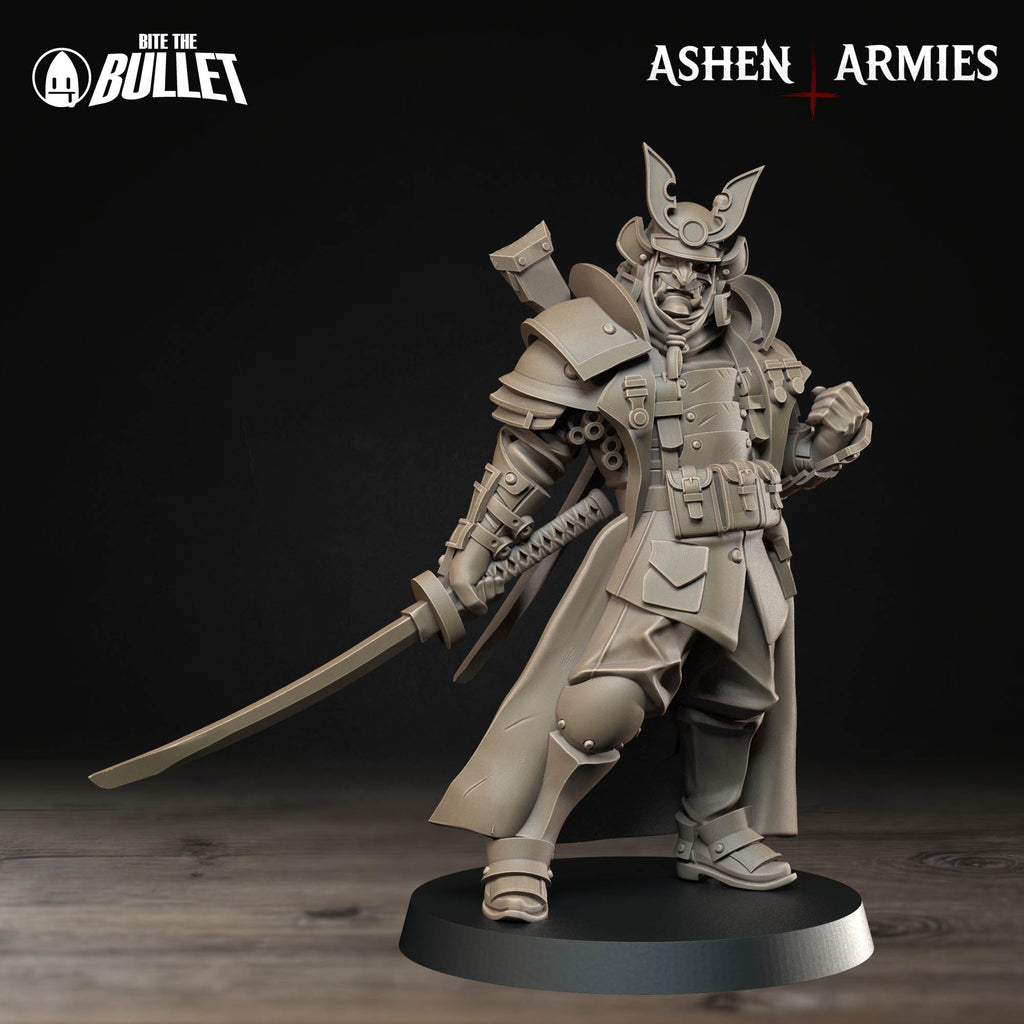 Ashen Armies Holy Shogunate Lieutenant resin miniature with oni mask and katana. Front view plain background.