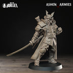 Ashen Armies Holy Shogunate Lieutenant resin miniature with oni mask and katana. Front view plain background.