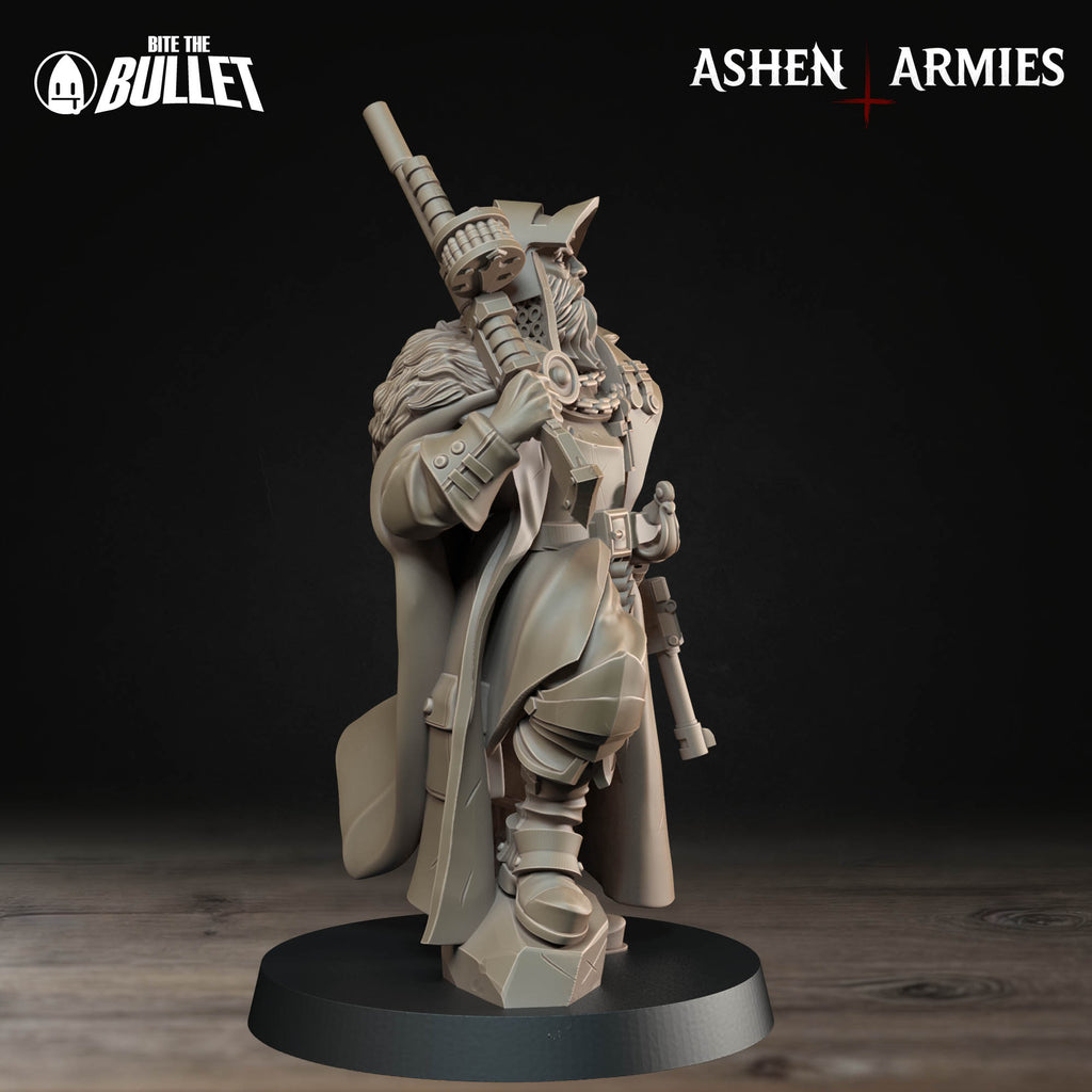 Ashen Armies Sanctified Legion Lieutenant resin miniature. Raised leg resting on rock. Side view showing boot detail.