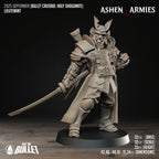 Ashen Armies Holy Shogunate Lieutenant resin miniature with oni mask and katana. Front view showing stats.