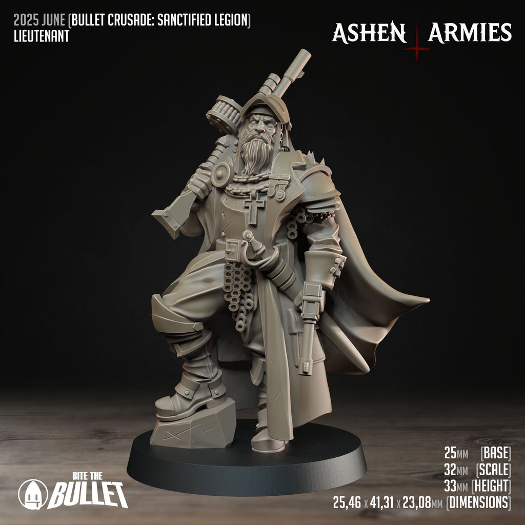 Ashen Armies Sanctified Legion Lieutenant resin miniature. Raised leg resting on rock. Front view.