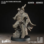 Ashen Armies Sanctified Legion Lieutenant resin miniature. Raised leg resting on rock. Front view.