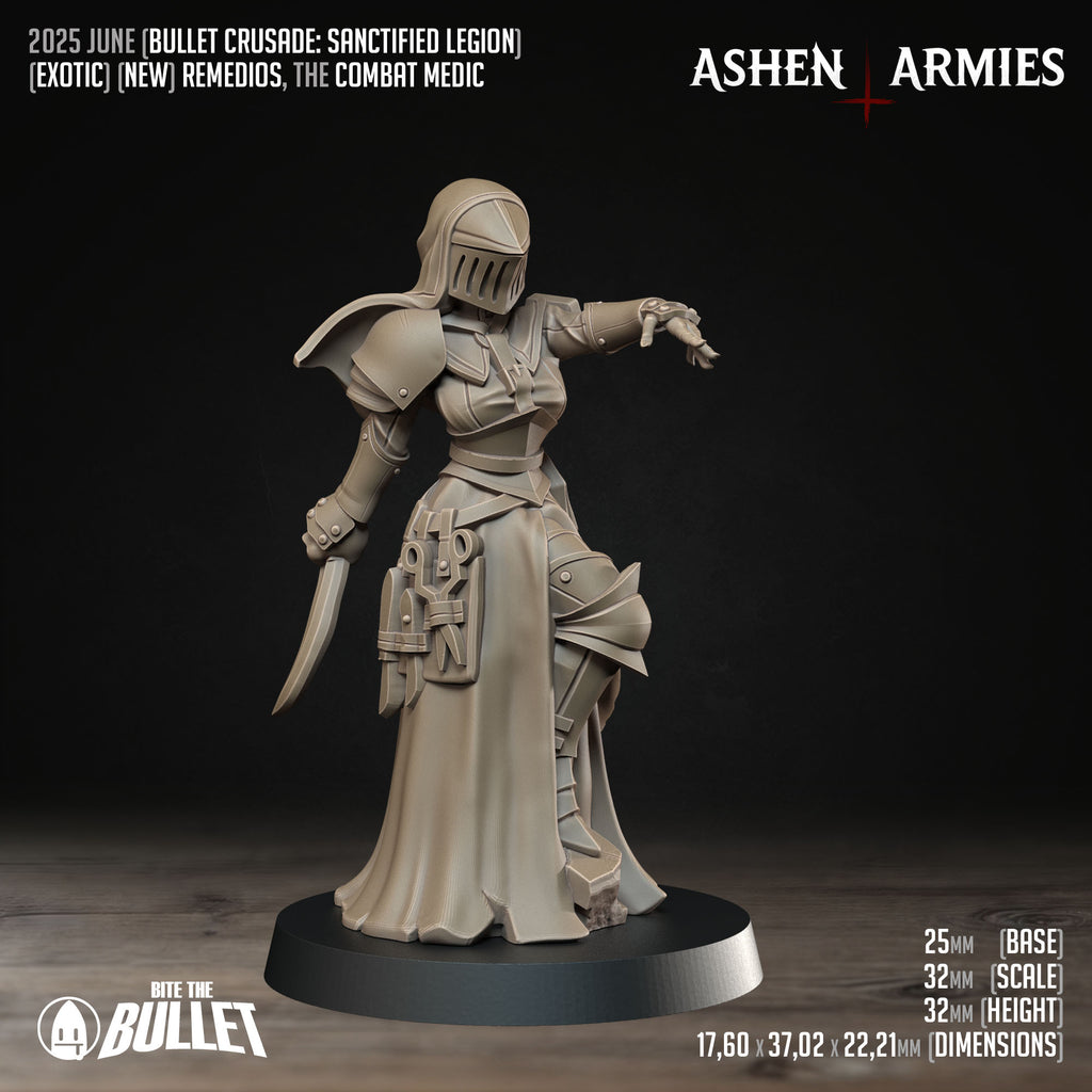Ashen Armies Sanctified Legion Combat Medic resin miniature. Wearing helmet. Front view.