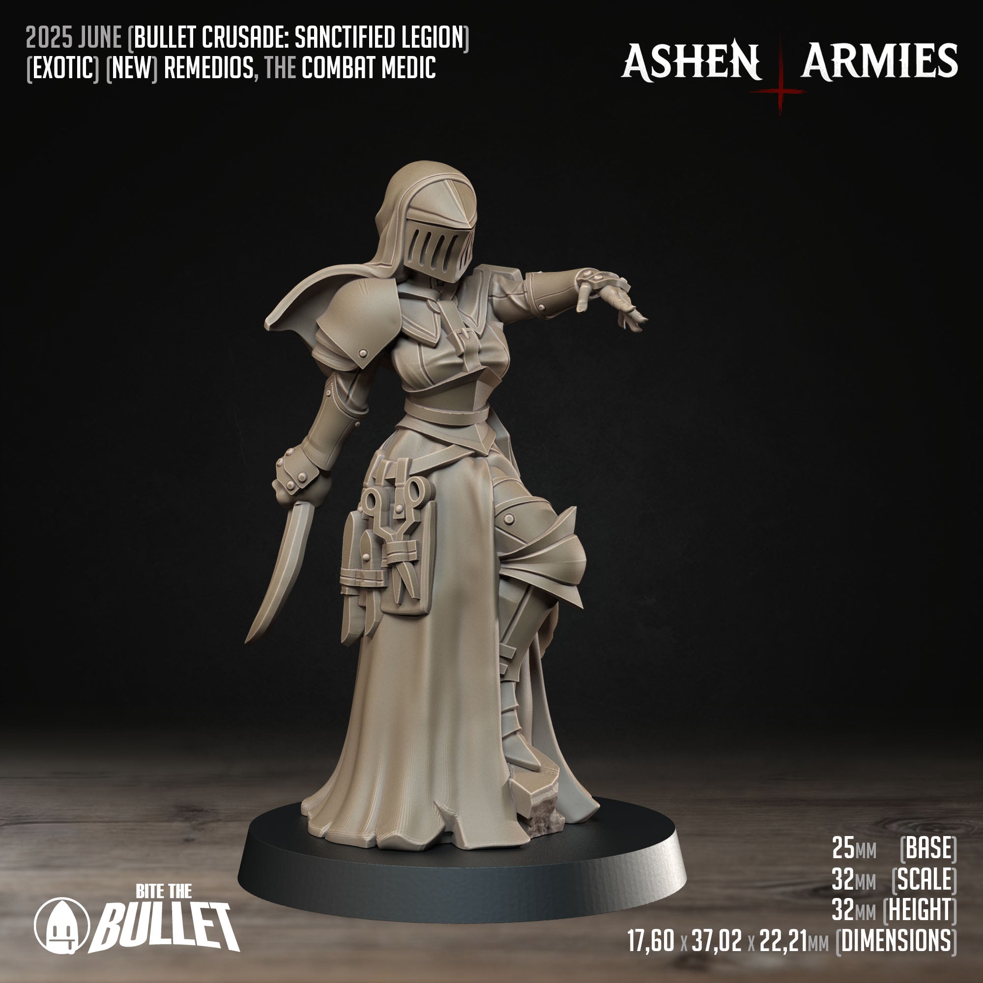 Ashen Armies Sanctified Legion Combat Medic resin miniature. Wearing helmet. Front view.