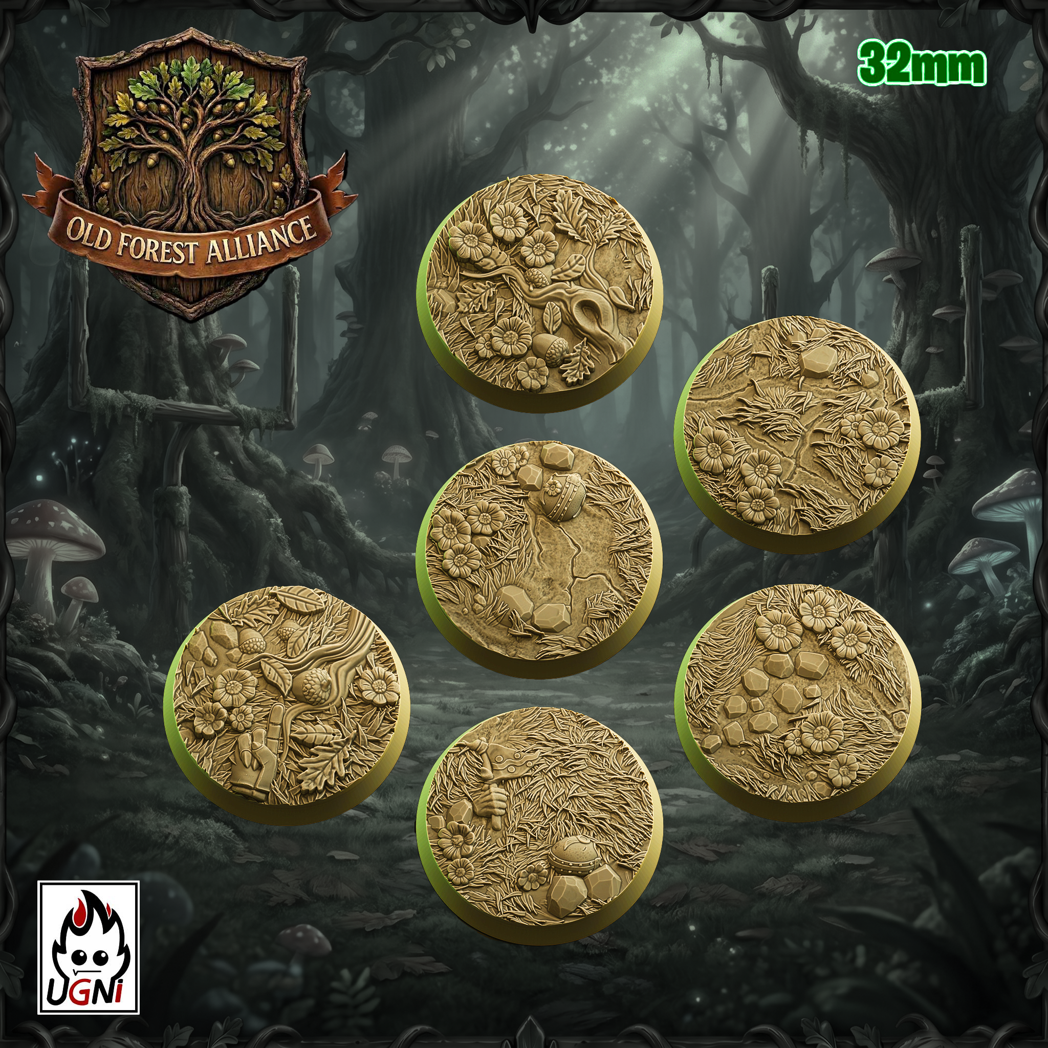 UGNI Miniatures Old Forest Alliance resin bases  6 x 32mm round. Foliage and easter eggs
