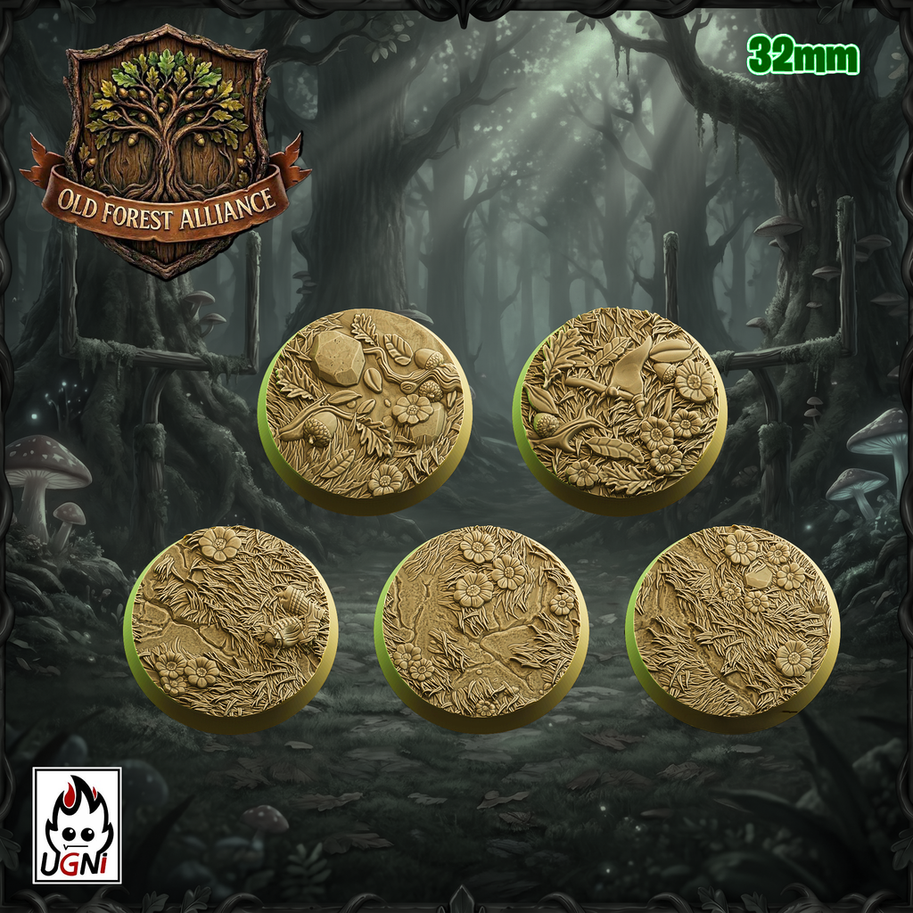 UGNI Miniatures Old Forest Alliance resin bases  5 x 32mm round. Foliage and easter eggs