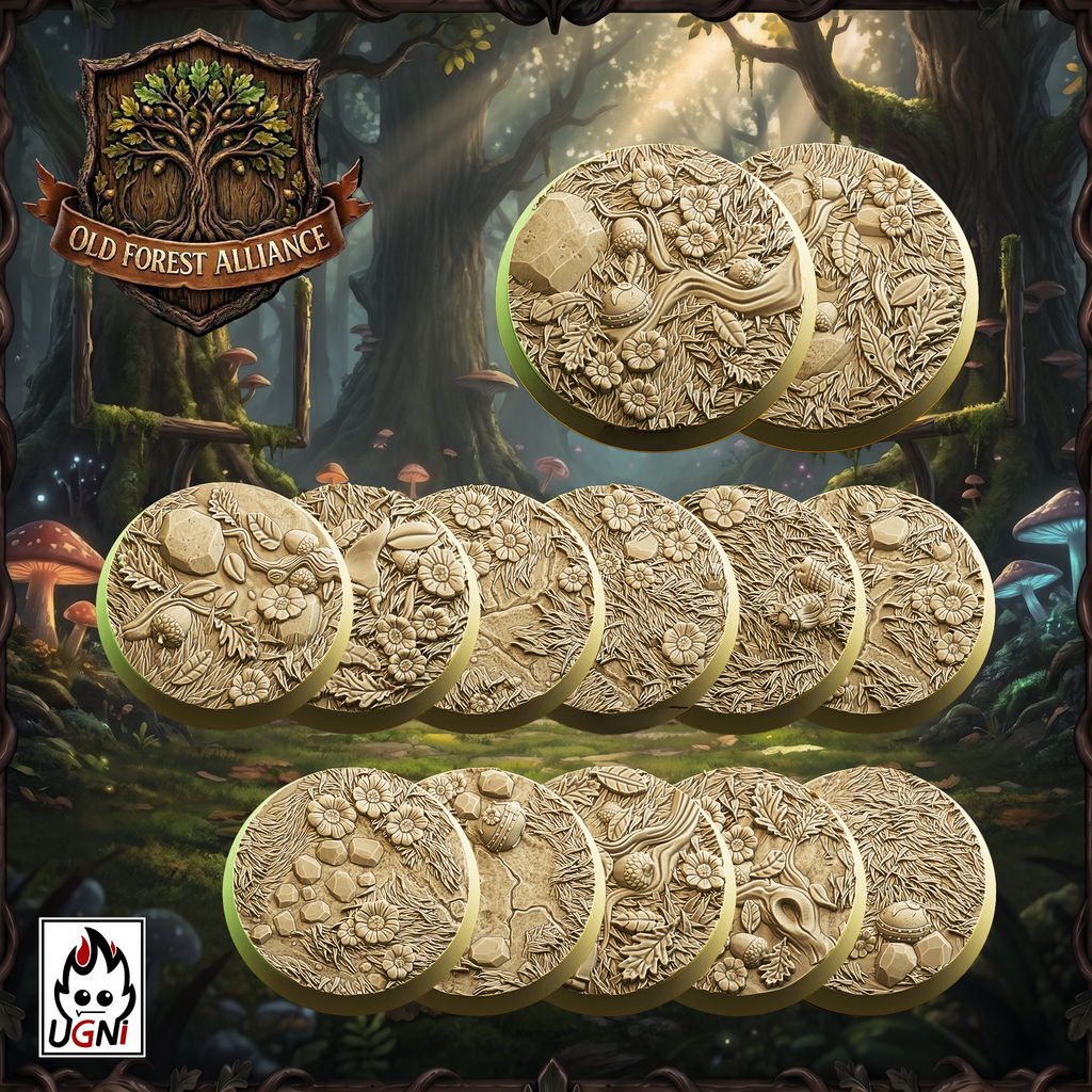 UGNI Miniatures Old Forest Alliance set of resin bases.  2 x 40mm round and 11 x 32mm round. Foliage and easter eggs