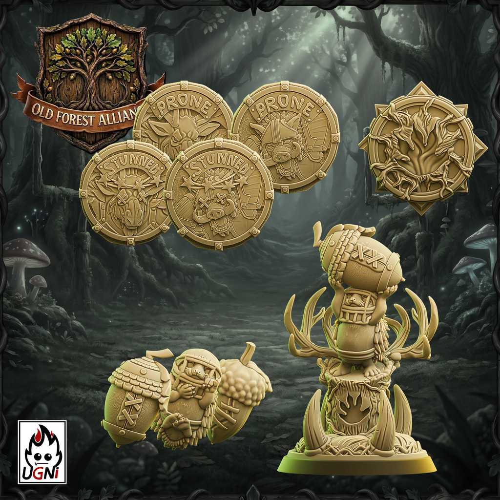 UGNI Miniatures Old Forest Alliance resin tokens. Including team token, three balls, a re-roll coin and two stunned tokens.
