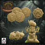 UGNI Miniatures Old Forest Alliance resin tokens. Including team token, three balls, a re-roll coin and two stunned tokens.
