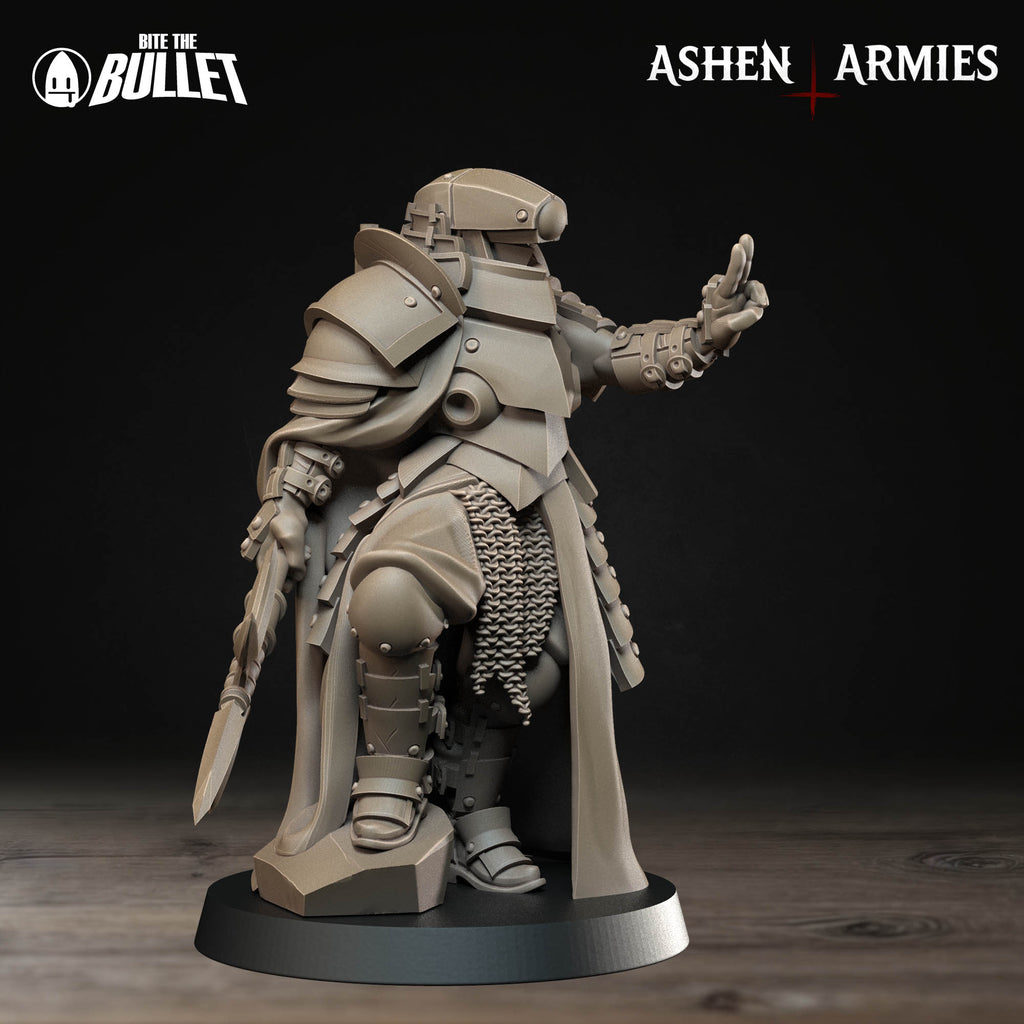 Ashen Armies Holy Shogunate Observer resin miniature with polearm, shown from the right with arm outstretched and two fingers raised.