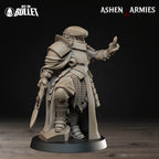 Ashen Armies Holy Shogunate Observer resin miniature with polearm, shown from the right with arm outstretched and two fingers raised.
