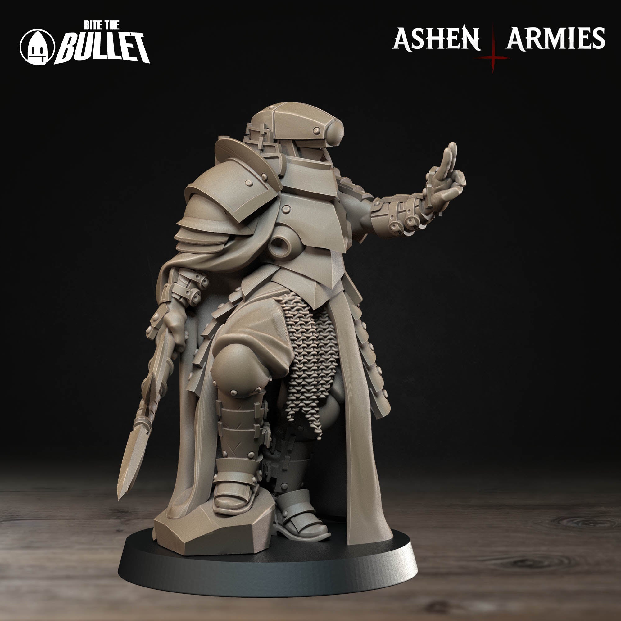 Ashen Armies Holy Shogunate Observer resin miniature with polearm, shown from the right with arm outstretched and two fingers raised.